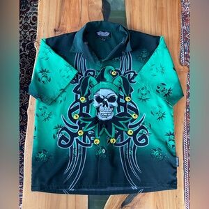 Y2K Silver Point Skull Jester Graphic Short-Sleeve Men's Shirt Green XL
